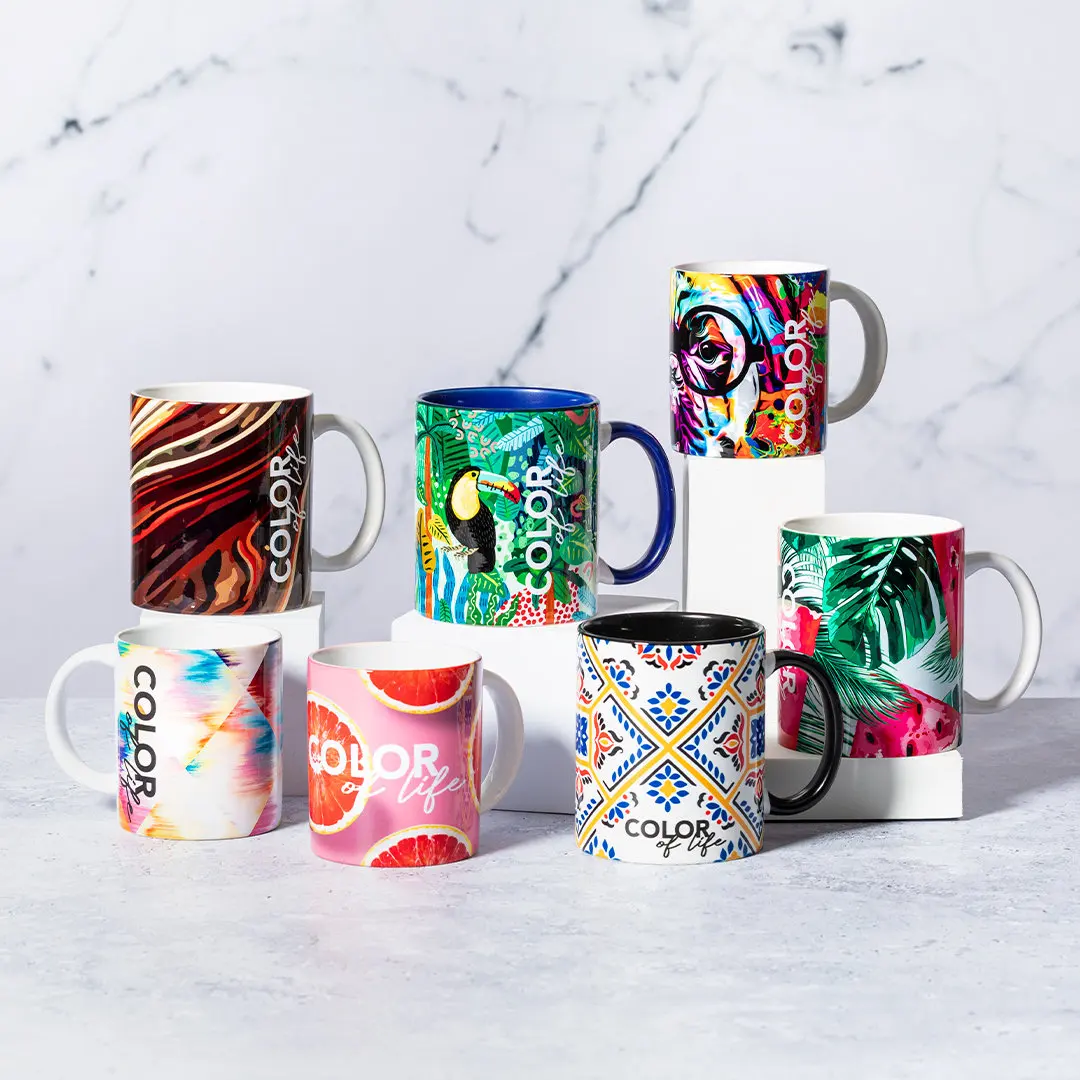 Izmi laser. Lot 25 units sublimation cups - 350ml. White with colored handle and interior. Specially designed for sublime results, presented in individual box. Ceramic mug ideal for sublimating, personalizing, design. (mixed) - Imagen 9