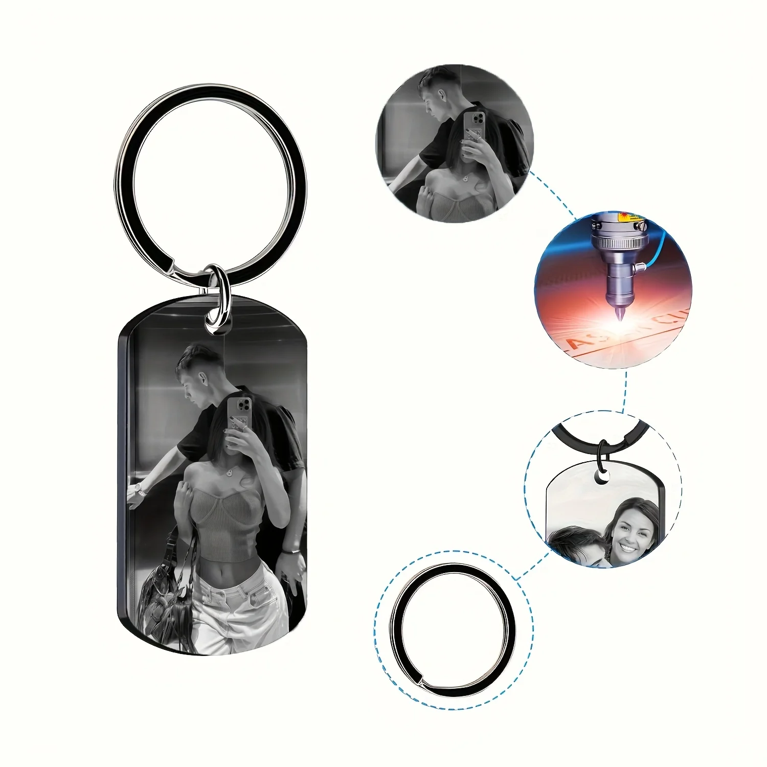 Llavero personalizado con foto y texto grabado láser – Acero inoxidable negro - Imagen 9
