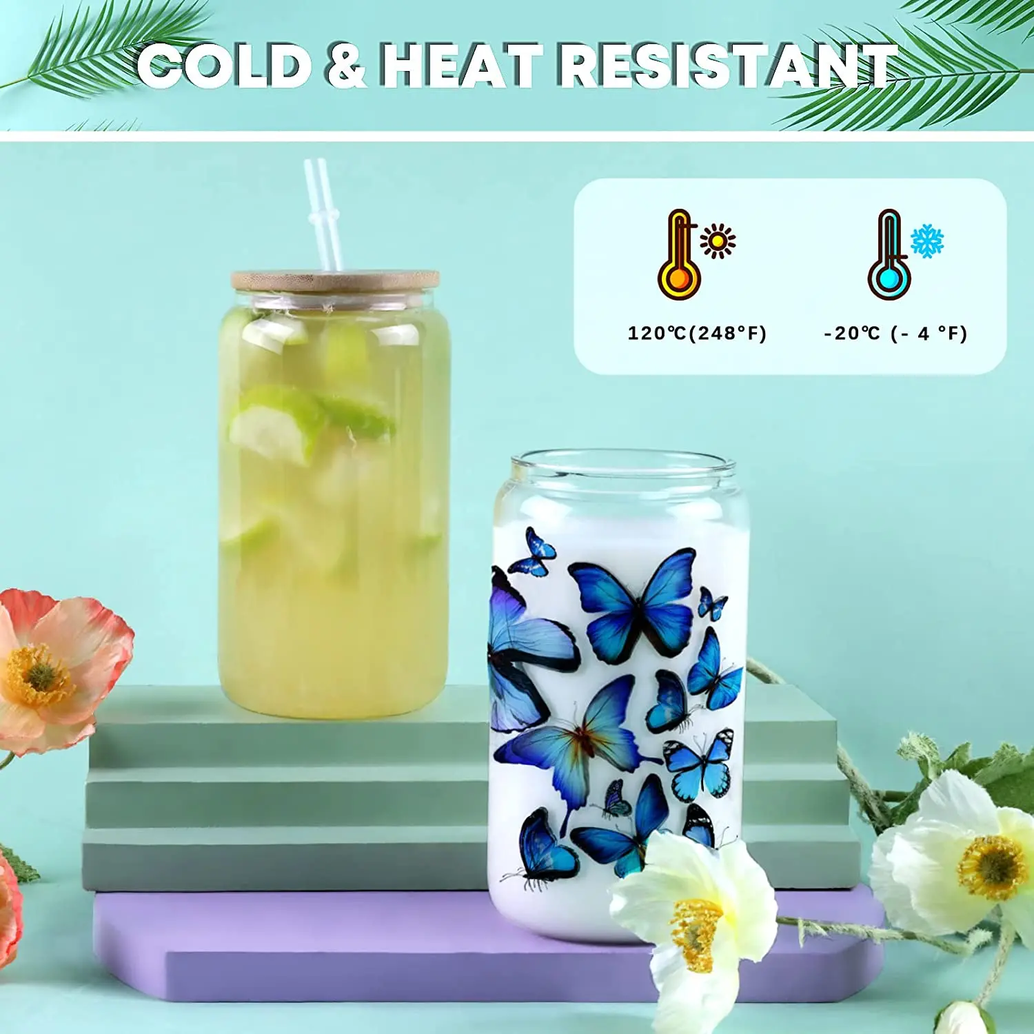 HTVRONT 8/4 Pack 16OZ Clear/Frosted Glass Sublimation Tumblers with Bamboo Lid Sublimate Tumbler Blanks DIY for Iced Coffee Cups - Imagen 4