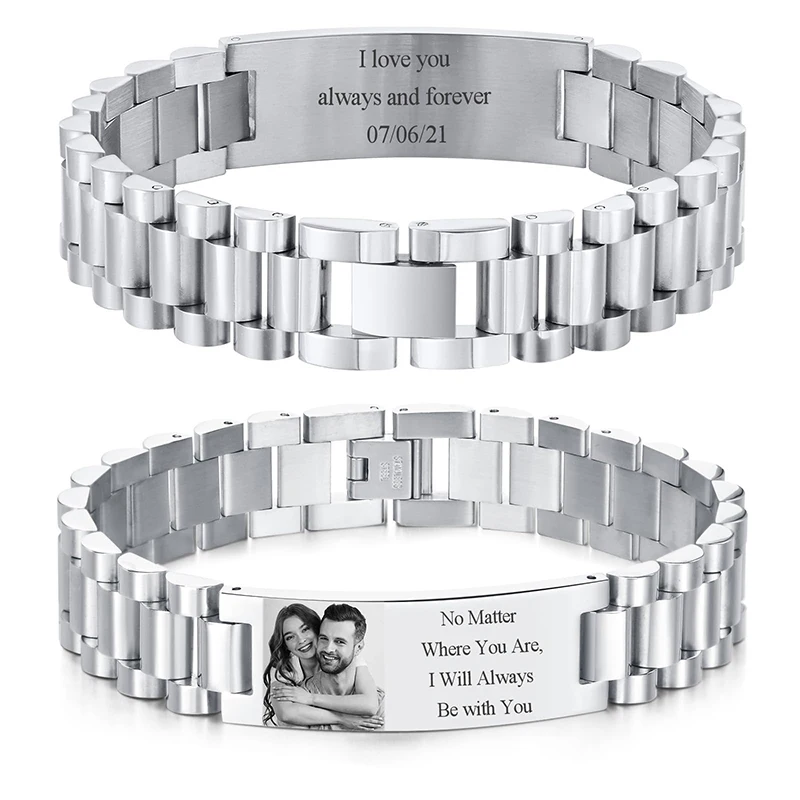 Pulsera con texto de imagen personalizada, pulsera de eslabones de acero inoxidable, pulsera con grabado personalizado, foto/texto/nombre, joyería para hombres - Imagen 9