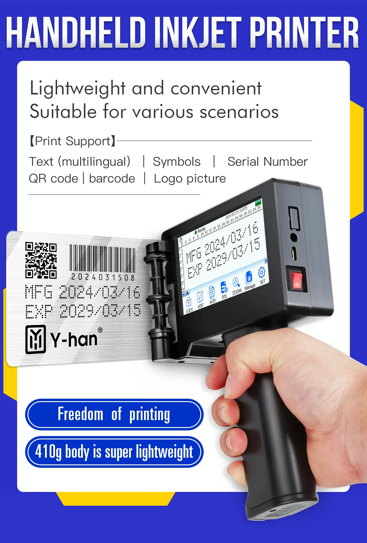 Impresora de inyección de tinta portátil Yhan de 12,7 mm sincriptar para fecha de caducidad Código de barras Código QR Números de lotes Impresión de logotipos de mejor valor - Imagen 15