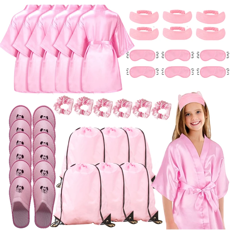 72/6pc Kids Satin Robes Spa Party for Girls DIY Slumber Kimono Robe Sleepover Party Favors with Gift Bags Slippers for Birthday - Imagen 19