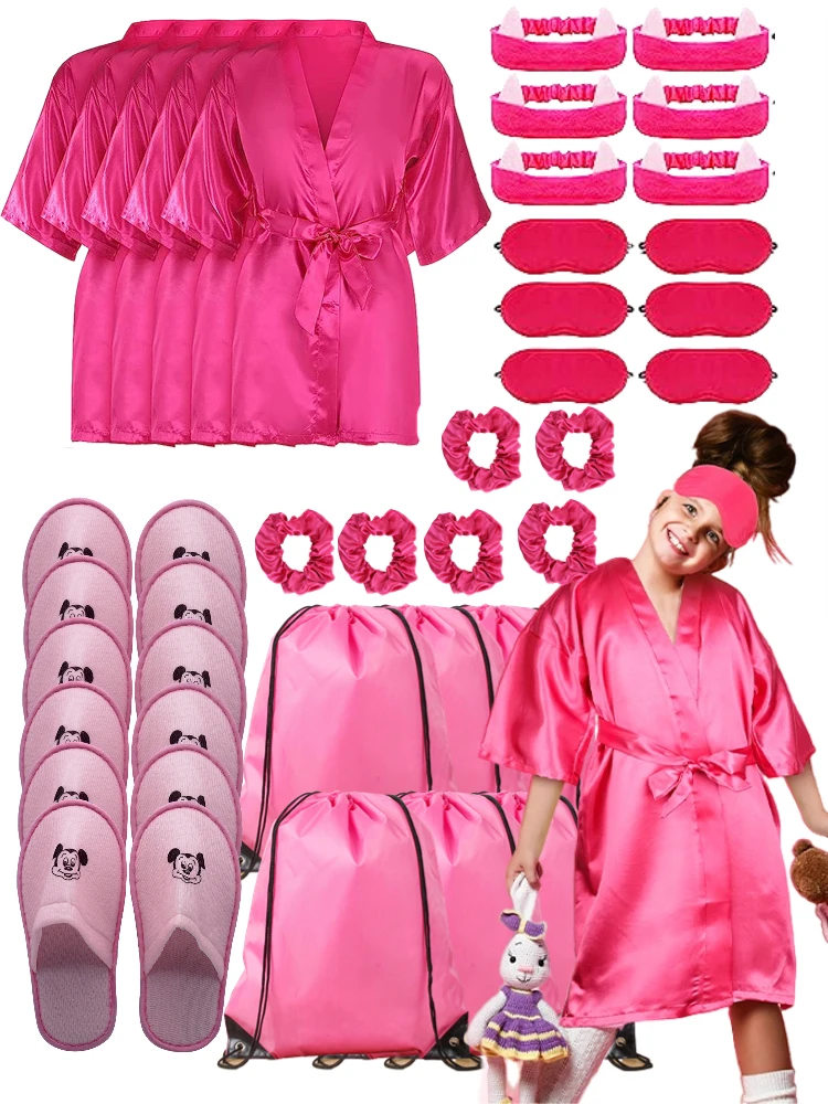 72/6pc Kids Satin Robes Spa Party for Girls DIY Slumber Kimono Robe Sleepover Party Favors with Gift Bags Slippers for Birthday - Imagen 18