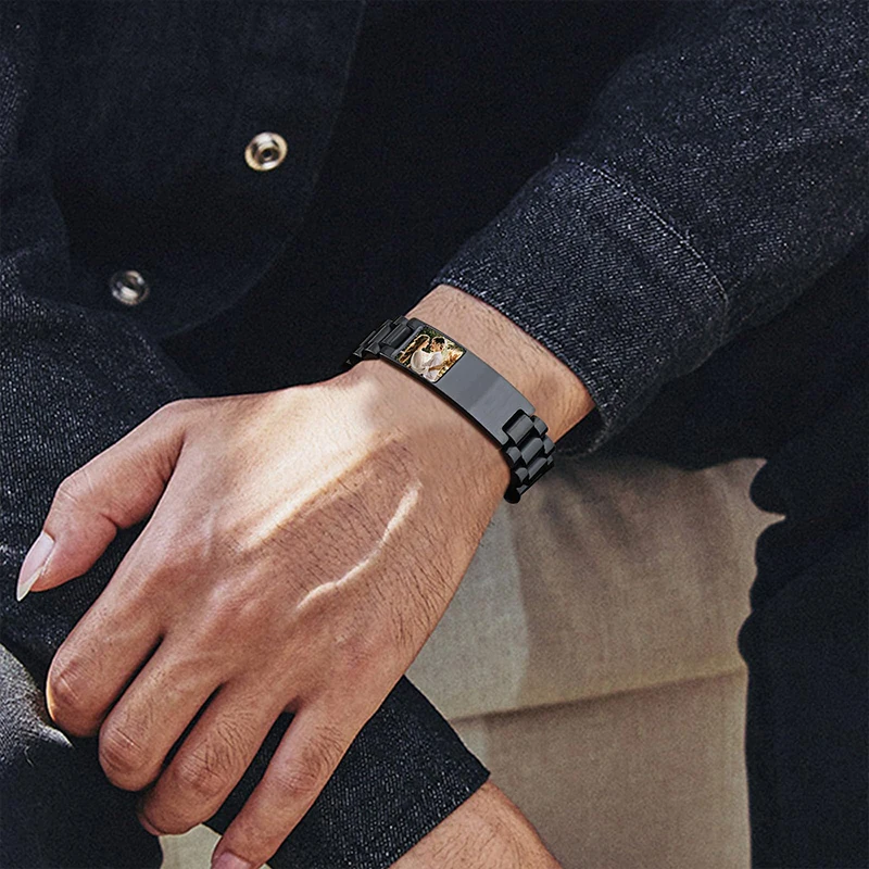 Pulsera con texto de imagen personalizada, pulsera de eslabones de acero inoxidable, pulsera con grabado personalizado, foto/texto/nombre, joyería para hombres - Imagen 5