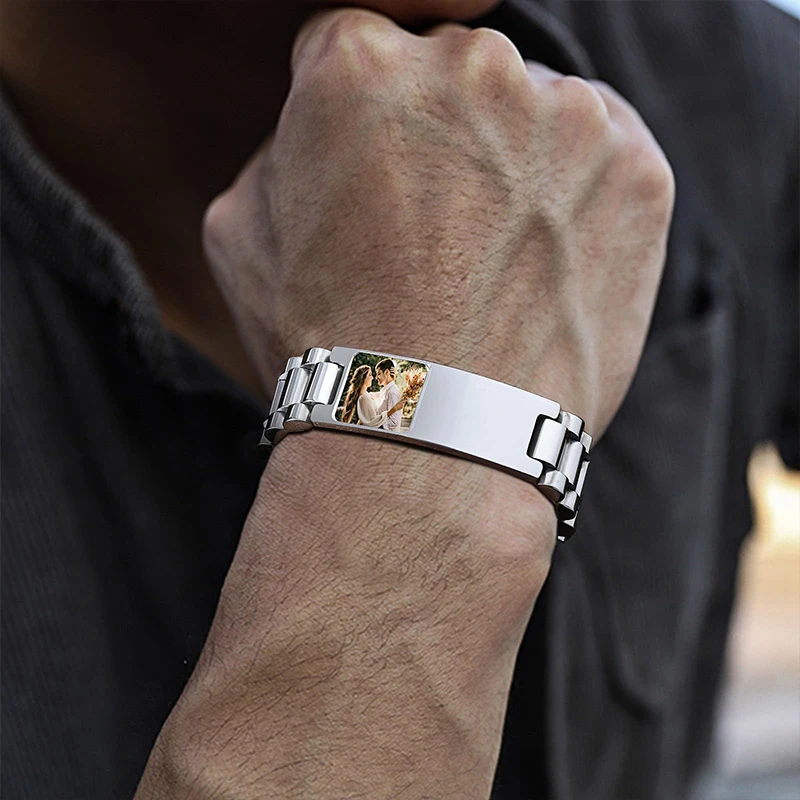 Pulsera con texto de imagen personalizada, pulsera de eslabones de acero inoxidable, pulsera con grabado personalizado, foto/texto/nombre, joyería para hombres - Imagen 2