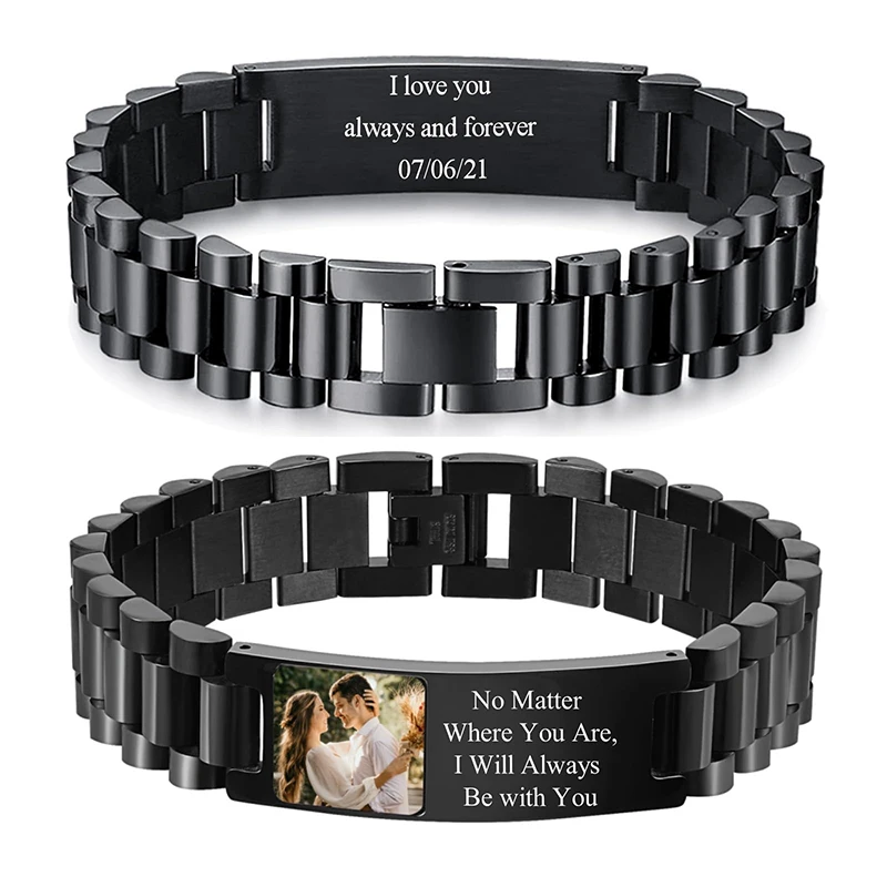 Pulsera con texto de imagen personalizada, pulsera de eslabones de acero inoxidable, pulsera con grabado personalizado, foto/texto/nombre, joyería para hombres - Imagen 10