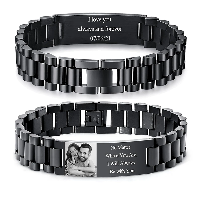 Pulsera con texto de imagen personalizada, pulsera de eslabones de acero inoxidable, pulsera con grabado personalizado, foto/texto/nombre, joyería para hombres - Imagen 7