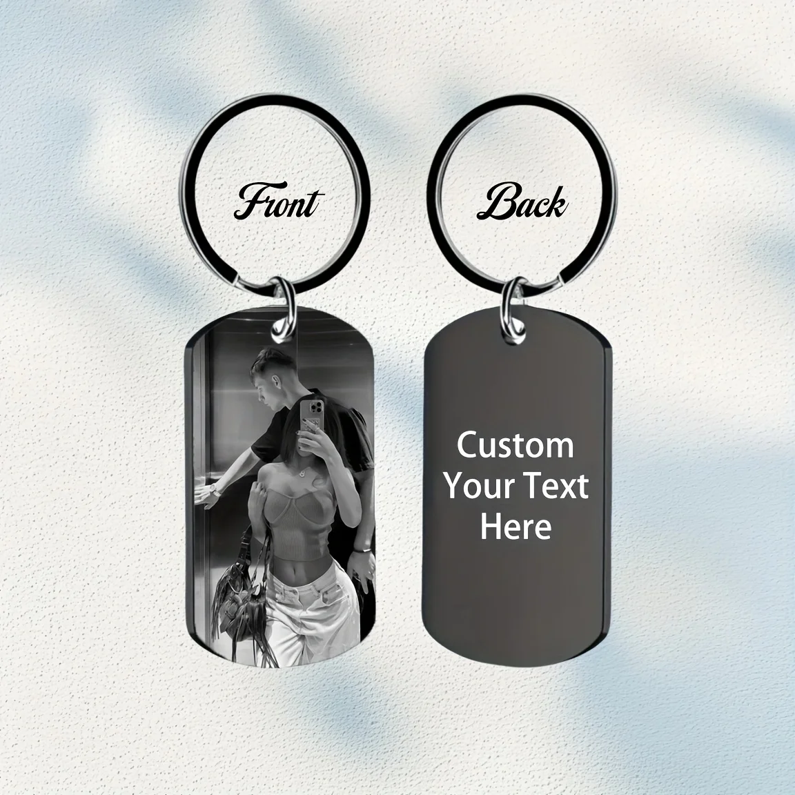 Llavero personalizado con foto y texto grabado láser – Acero inoxidable negro - Imagen 8