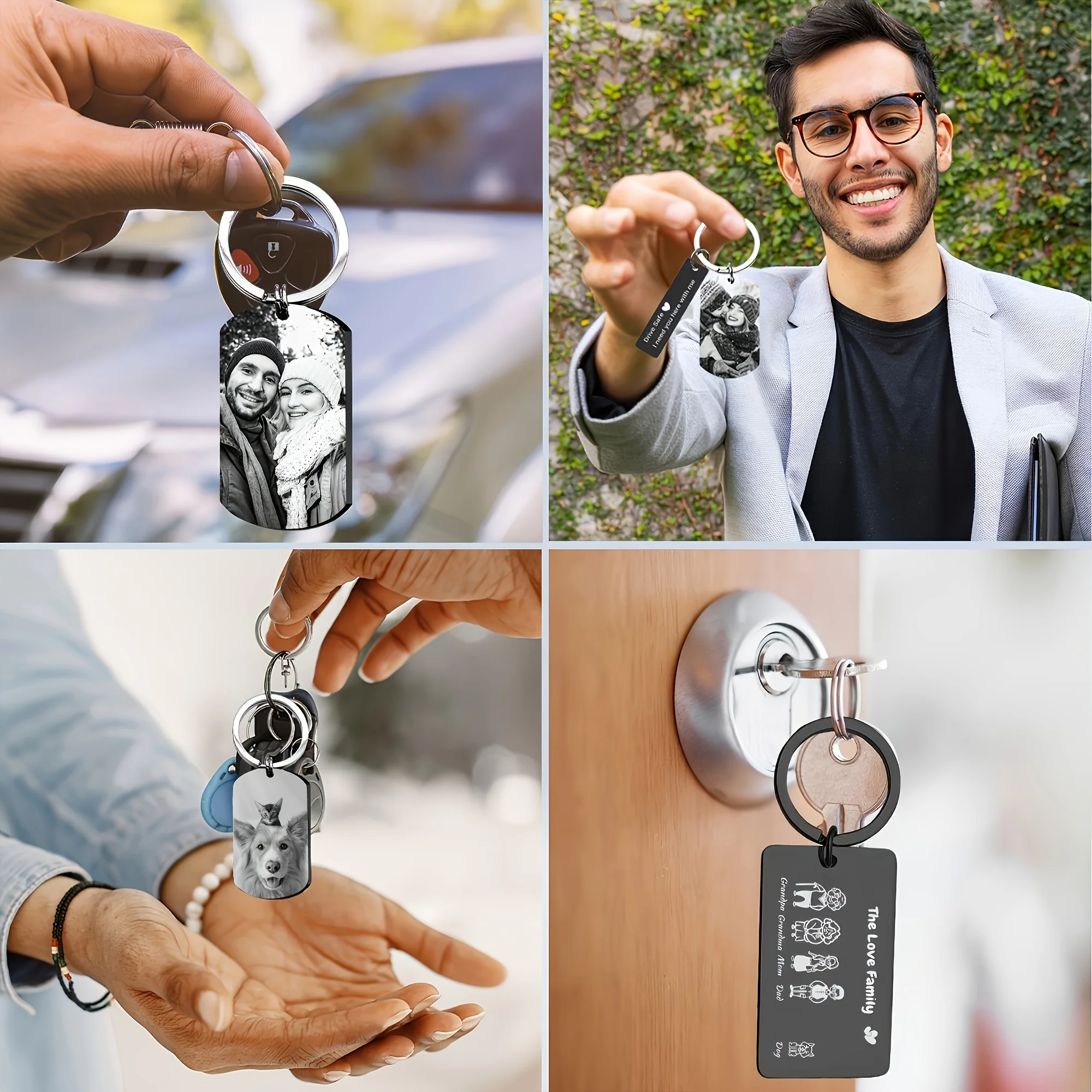 Llavero personalizado con foto y texto grabado láser – Acero inoxidable negro - Imagen 6