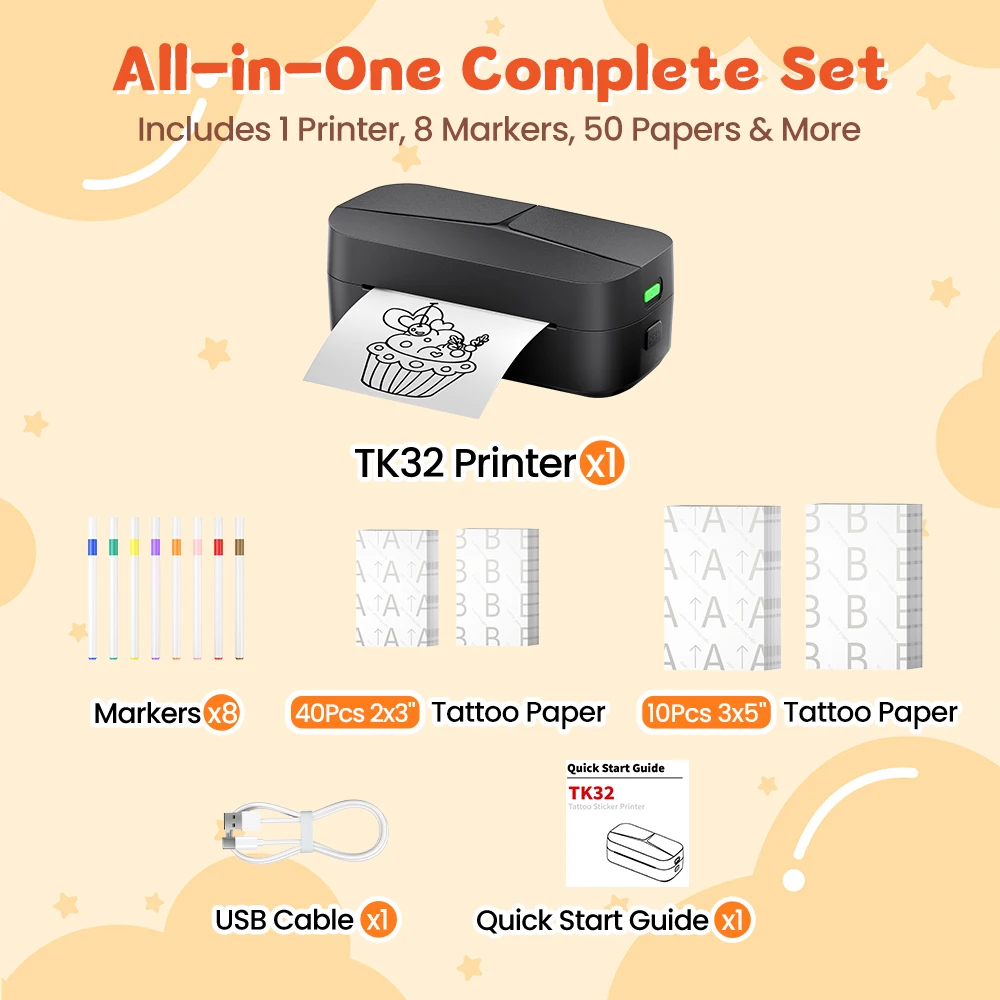 Phomemo TK32, Máquina de Tatuajes Temporales, Impresora Térmica Bluetooth, Kit de Tatuajes Personalizados con Marcadores y Papel para Niños y Adultos - Imagen 2