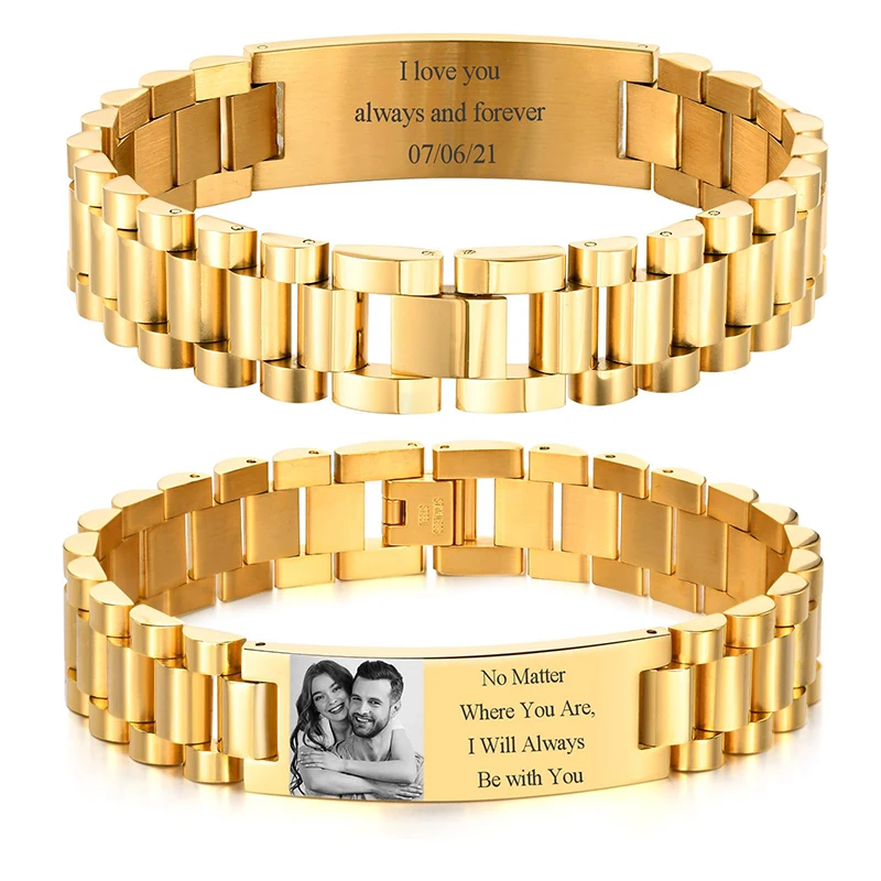 Pulsera con texto de imagen personalizada, pulsera de eslabones de acero inoxidable, pulsera con grabado personalizado, foto/texto/nombre, joyería para hombres - Imagen 8