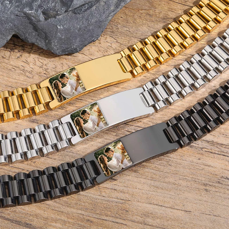 Pulsera con texto de imagen personalizada, pulsera de eslabones de acero inoxidable, pulsera con grabado personalizado, foto/texto/nombre, joyería para hombres - Imagen 3