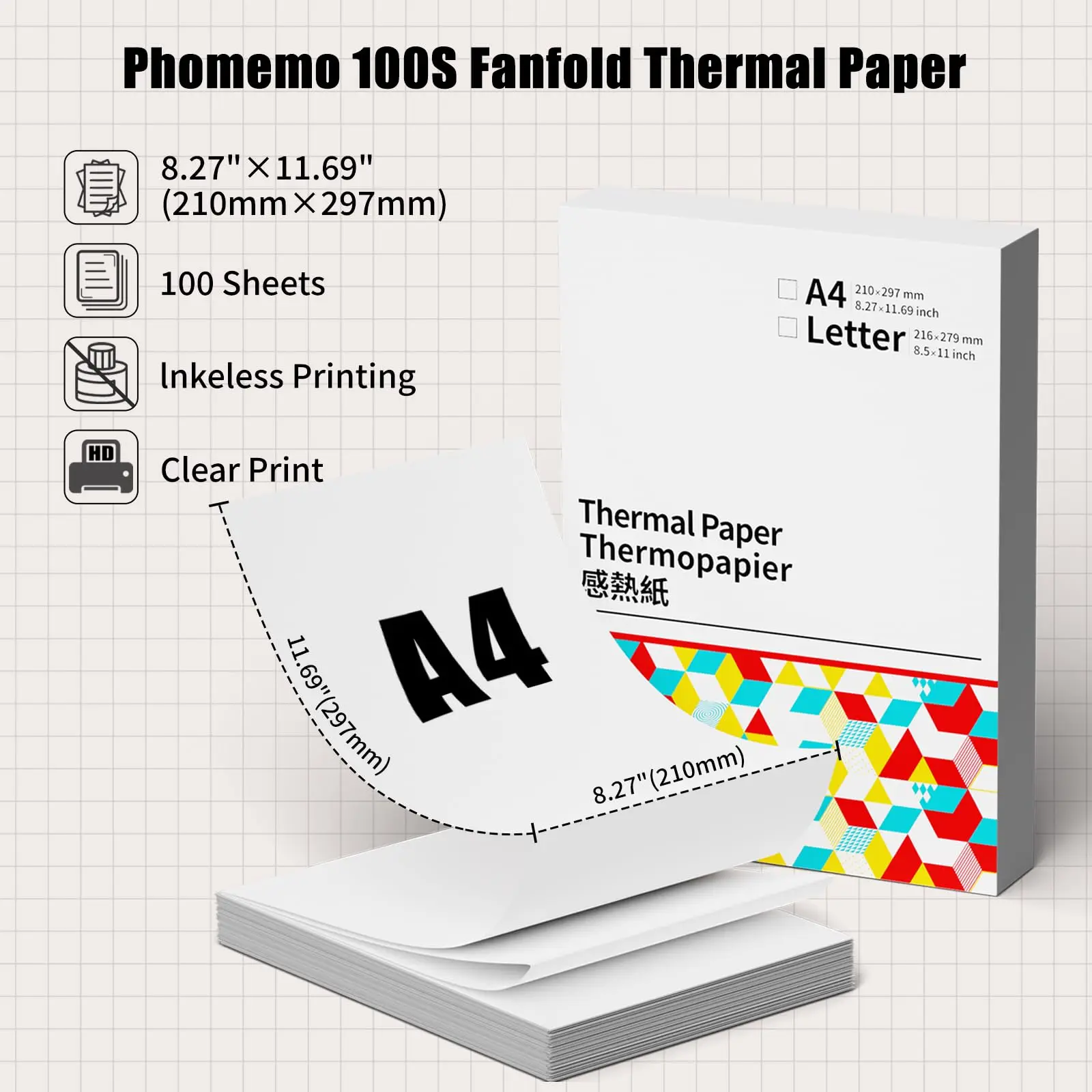 Phomemo-papel térmico para impresora, papel térmico continuo de secado rápido, tamaño de letra A4, M08F, M832, M834, M835, 50/80/110mm - Imagen 6