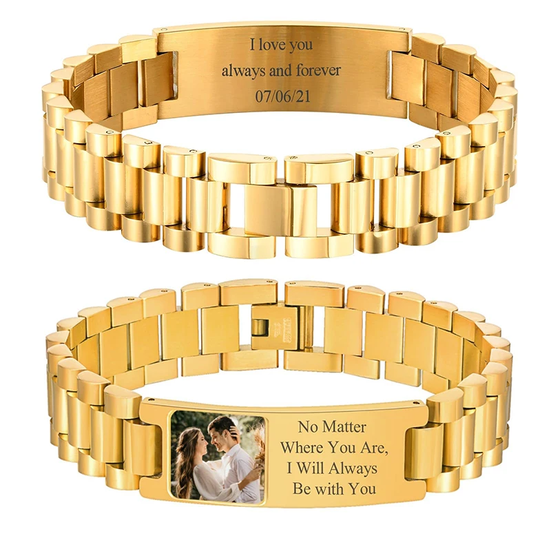 Pulsera con texto de imagen personalizada, pulsera de eslabones de acero inoxidable, pulsera con grabado personalizado, foto/texto/nombre, joyería para hombres - Imagen 11