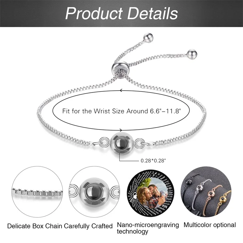 Pulsera con Foto Personalizada, Pulseras con Proyección de Imagen en 100 Idiomas, Te Amo, Pulsera de Acero Inoxidable - Imagen 6