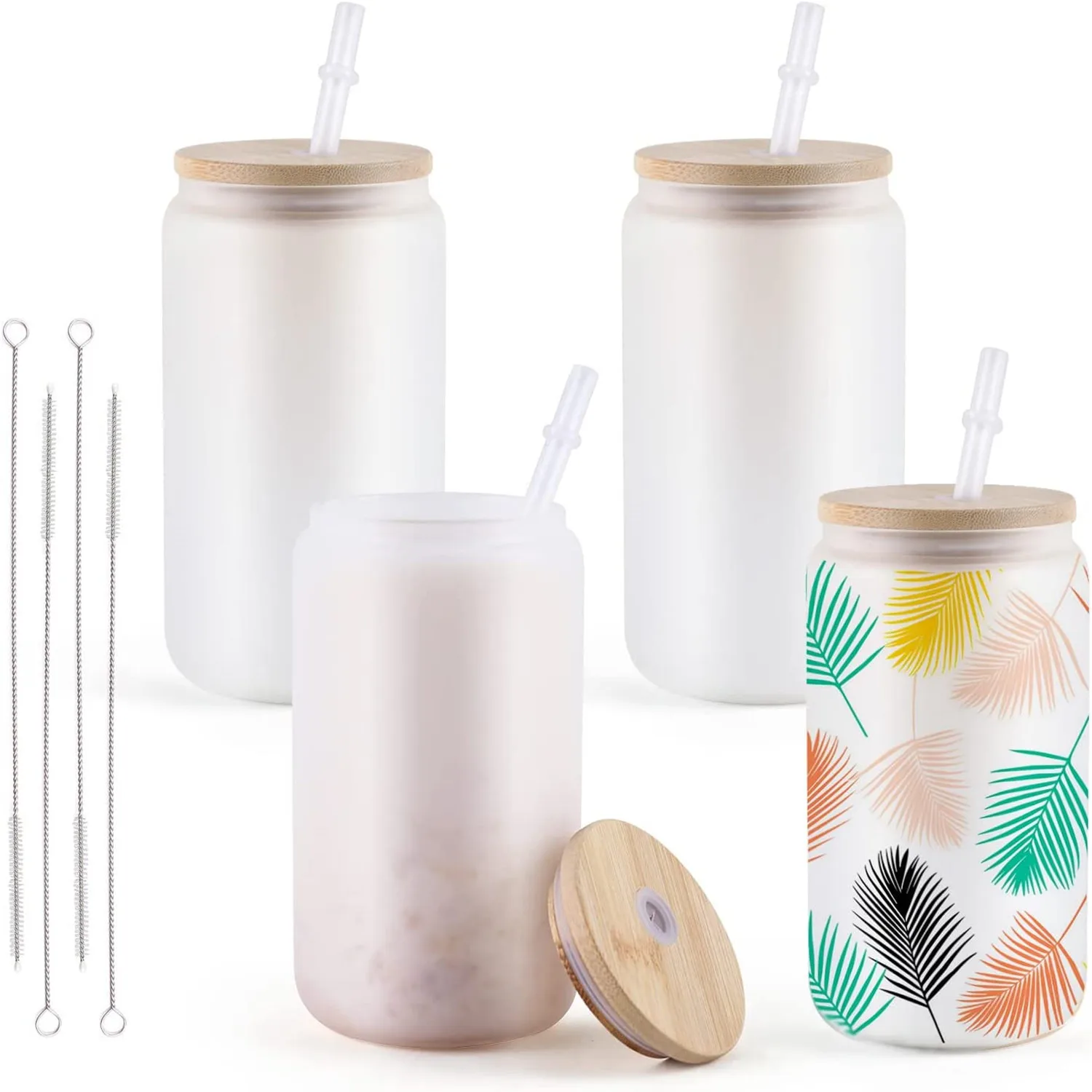 HTVRONT 8/4 Pack 16OZ Clear/Frosted Glass Sublimation Tumblers with Bamboo Lid Sublimate Tumbler Blanks DIY for Iced Coffee Cups - Imagen 19