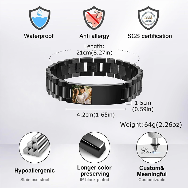 Pulsera con texto de imagen personalizada, pulsera de eslabones de acero inoxidable, pulsera con grabado personalizado, foto/texto/nombre, joyería para hombres - Imagen 4