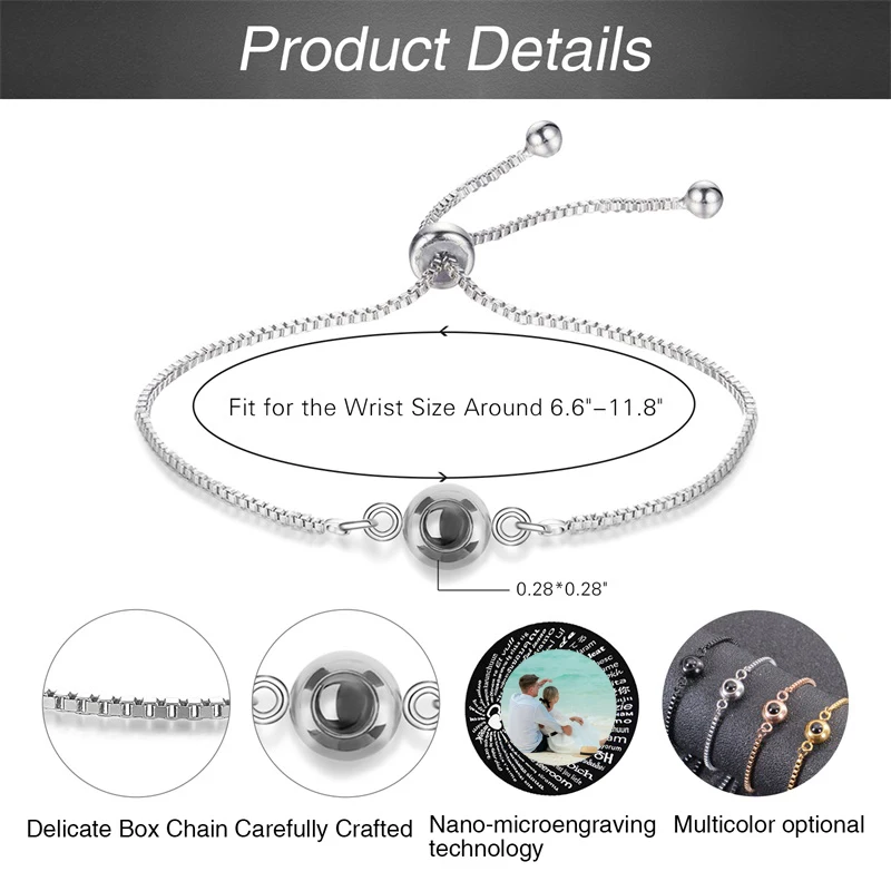 Pulsera con Foto Personalizada, Pulseras con Proyección de Imagen en 100 Idiomas, Te Amo, Pulsera de Acero Inoxidable - Imagen 41