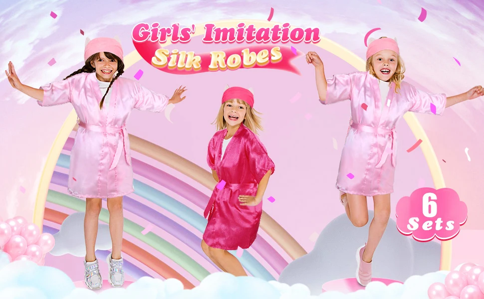 72/6pc Kids Satin Robes Spa Party for Girls DIY Slumber Kimono Robe Sleepover Party Favors with Gift Bags Slippers for Birthday - Imagen 20