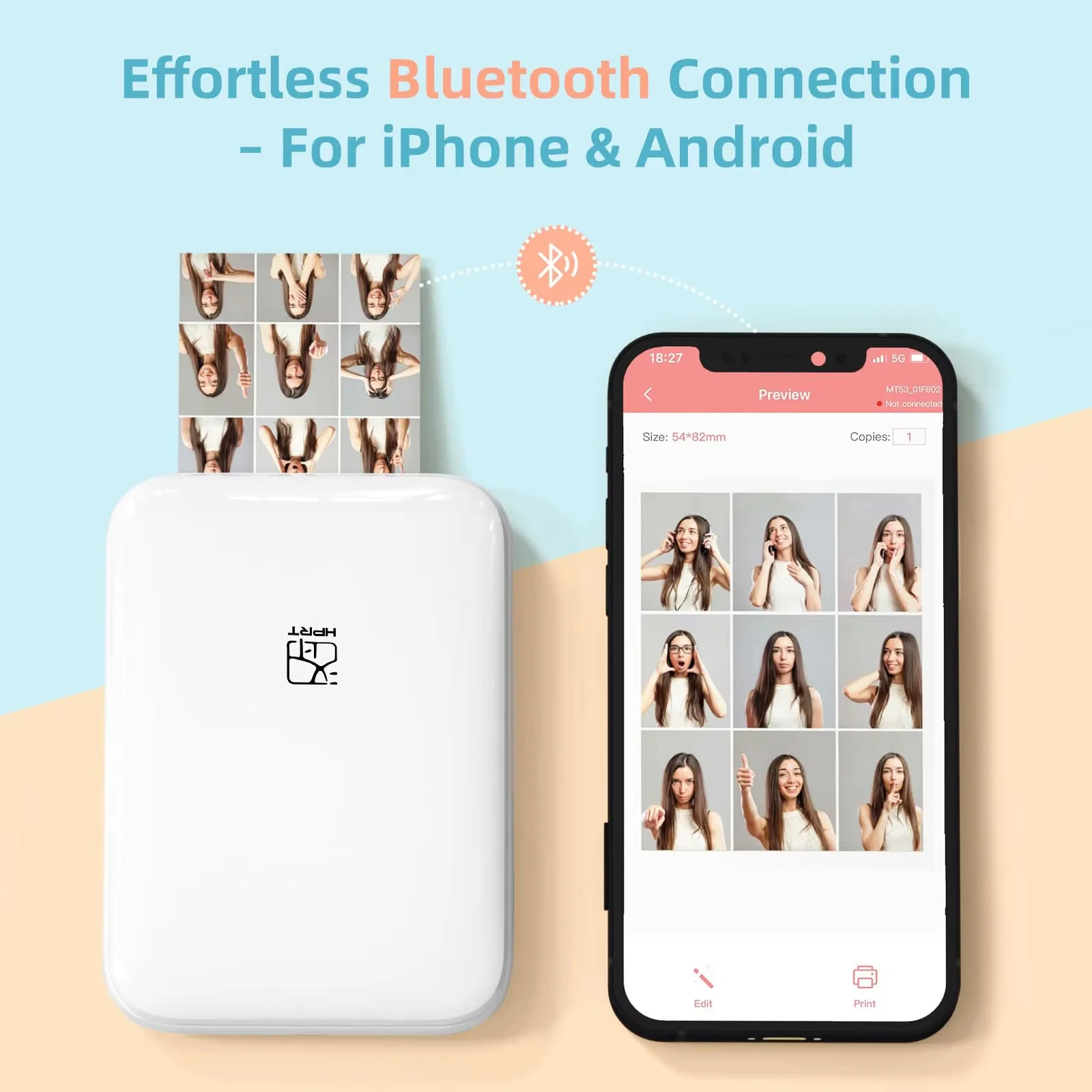 Impresora fotográfica en Color HPRT MT53, 2x3 pulgadas, bolsillo de papel con respaldo adhesivo, impresión Bluetooth, impresora fotográfica instantánea, bolsa de papel con respaldo adhesivo - Imagen 3
